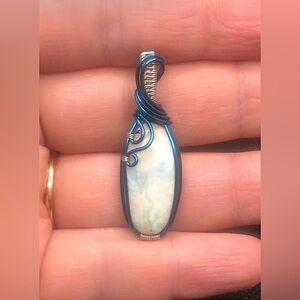 Wire Wrapped Blue Dominican Larimar Pendant Necklace Handmade OOAK